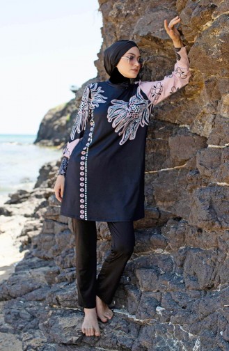 Marina Mayo Çiçek Desenli Tesettür Mayo M2014 Siyah