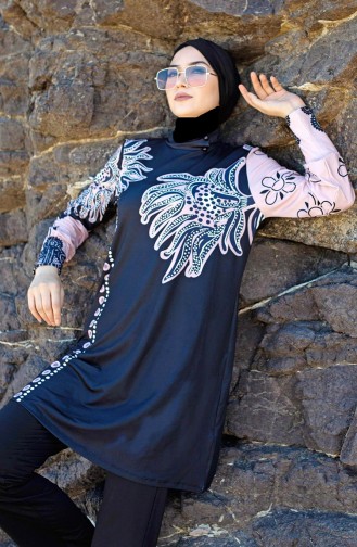 Marina Mayo Çiçek Desenli Tesettür Mayo M2014 Siyah