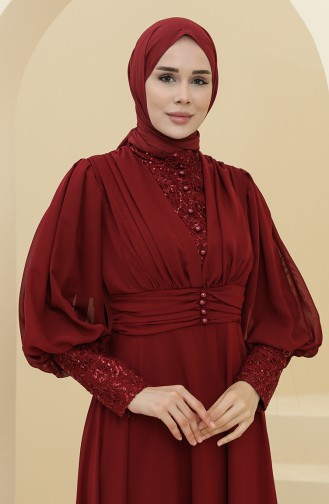 Claret Red Hijab Evening Dress 52810-05