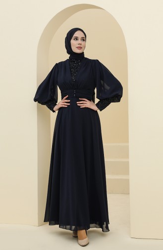 Navy Blue Hijab Evening Dress 52810-06