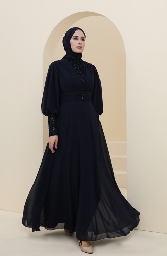 Navy Blue Hijab Evening Dress 52810-06