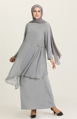 Gray Hijab Evening Dress 3036-02