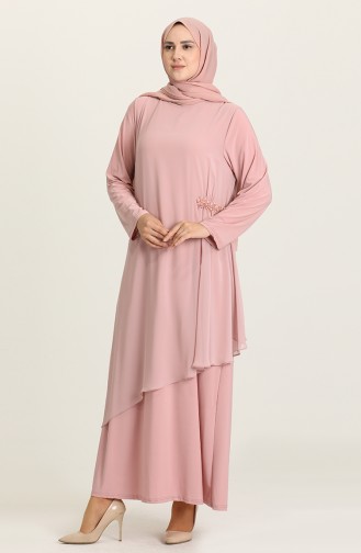 Powder Hijab Evening Dress 3036-06