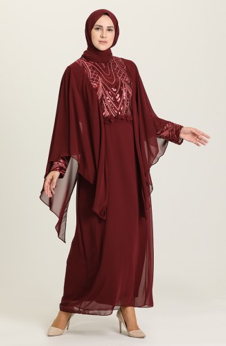 Claret Red Hijab Evening Dress 9384-04