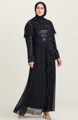 Navy Blue Hijab Evening Dress 9388-06