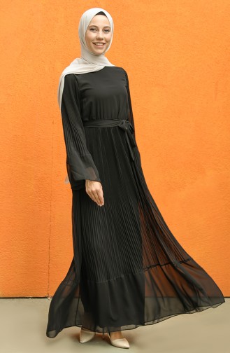 Kuşaklı Piliseli Elbise 3031-05 Siyah