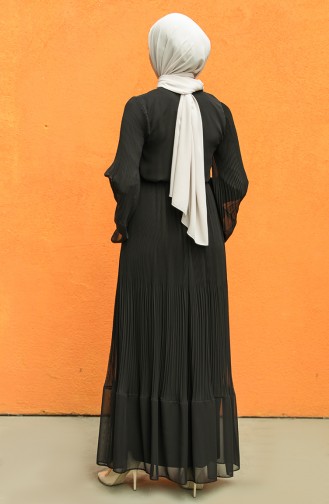 Kuşaklı Piliseli Elbise 3031-05 Siyah