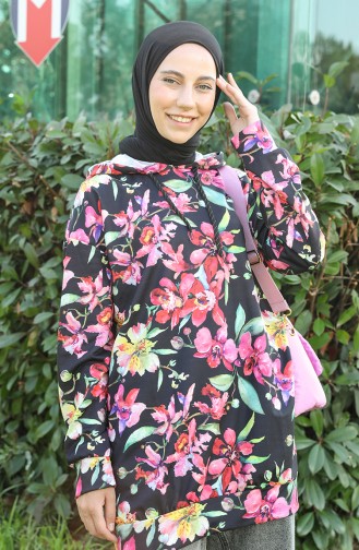 Desenli Sweatshirt 5021B-01 Siyah Pembe