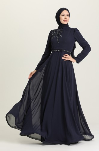 Navy Blue Hijab Evening Dress 6062-04