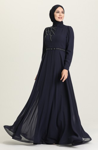 Navy Blue Hijab Evening Dress 6062-04