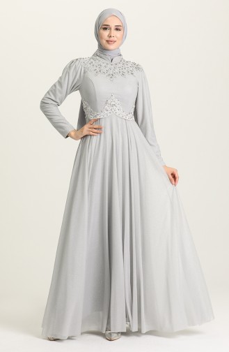 Gray Hijab Evening Dress 1551-04
