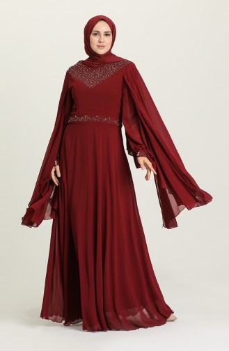 Claret Red Hijab Evening Dress 1555-04