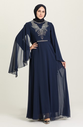 Navy Blue Hijab Evening Dress 2052-01