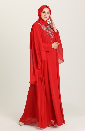Büyük Beden Taş Baskılı Abiye Elbise 2052-07 Kırmızı