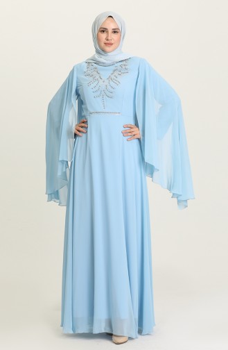 Büyük Beden Taş Baskılı Abiye Elbise 2052-08 Bebe Mavisi