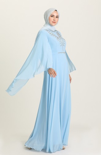 Büyük Beden Taş Baskılı Abiye Elbise 2052-08 Bebe Mavisi