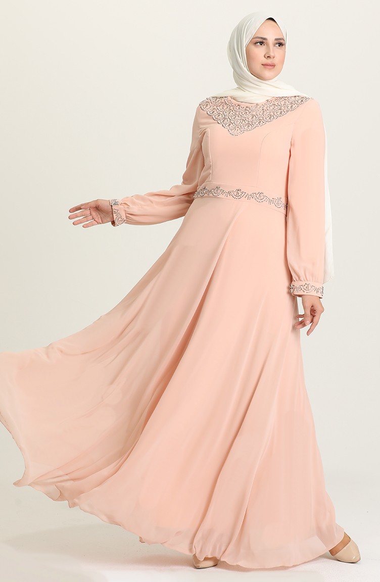 Salmon Hijab Evening Dress 2050-01 ...