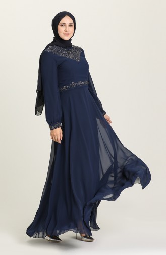 Navy Blue Hijab Evening Dress 2050-04