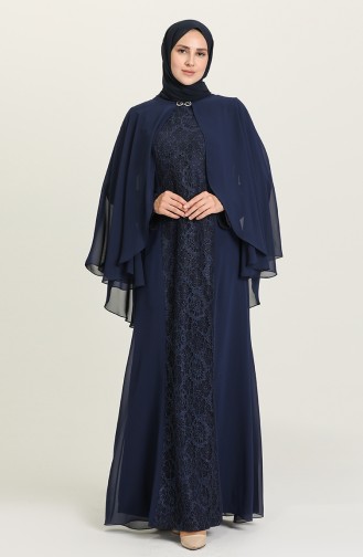 Navy Blue Hijab Evening Dress 3003-01