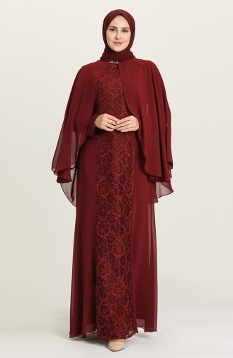 Claret Red Hijab Evening Dress 3003-03