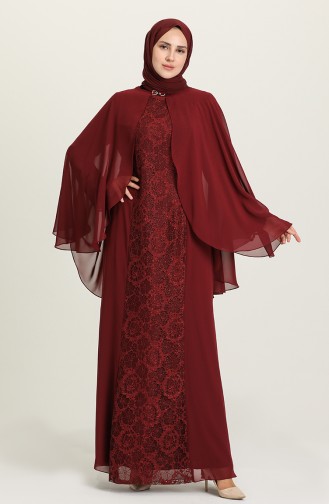 Claret Red Hijab Evening Dress 3003-03