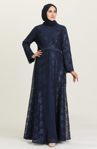 Navy Blue İslamitische Avondjurk 3004-02