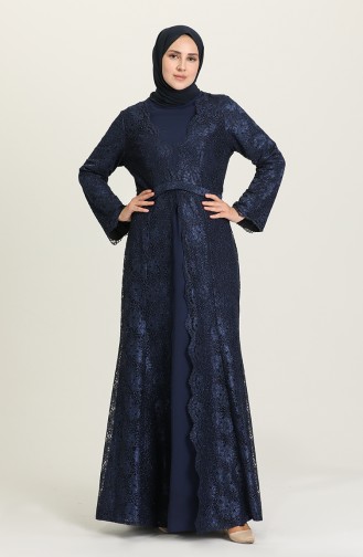 Navy Blue Hijab Evening Dress 3004-02
