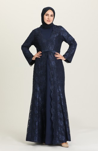 Navy Blue İslamitische Avondjurk 3004-02