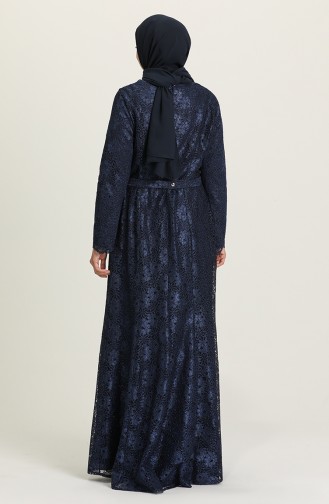 Navy Blue Hijab Evening Dress 3004-02