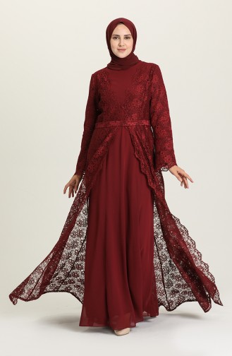 Claret Red Hijab Evening Dress 3004-05