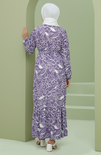 Eteği Büzgülü Desenli Elbise S2MY1030120055-01 Lila