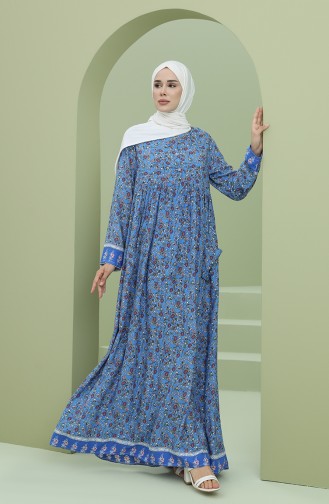 Desenli Yazlık Viskon Elbise 3299-01 Mavi