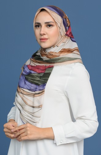 Desenli Çekme Cotton Eşarp 11407-08 Lila Sütlü kahve