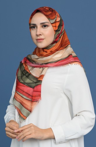 Desenli Çekme Cotton Eşarp 11407-11 Haki Oranj