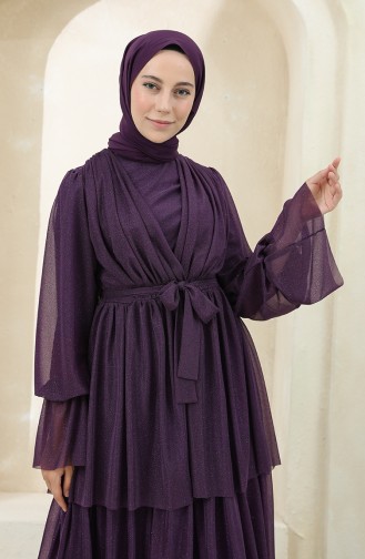 Simli Kat Kat Abiye Elbise 5385-07 Mor
