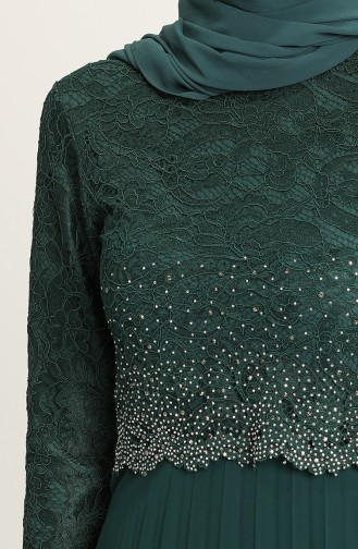 Taş Baskılı Şifon Abiye Elbise 3030-01 Zümrüt Yeşili