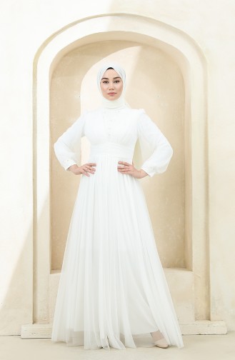 Ecru Hijab Evening Dress 3403-01