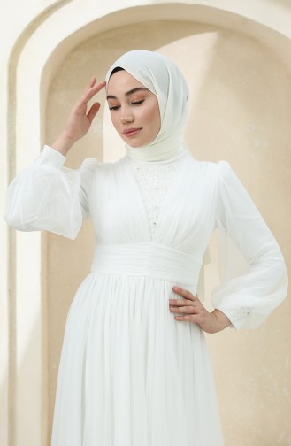 Ecru Hijab Evening Dress 3403-01