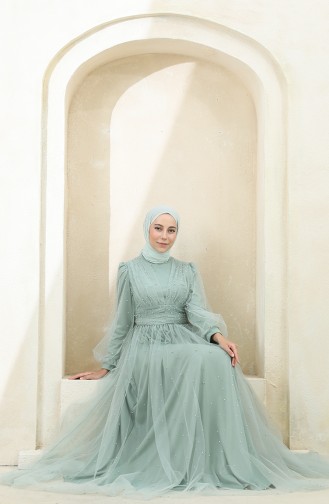 Sea Green Hijab Evening Dress 3405-07
