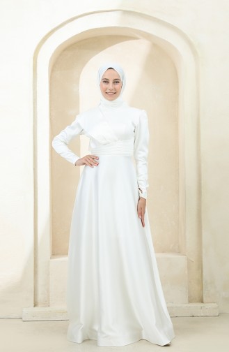 Ecru Hijab Evening Dress 4832-02
