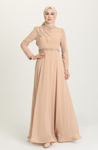 Beige Hijab Evening Dress 6062-01