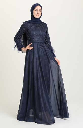 Navy Blue Hijab Evening Dress 3062-03