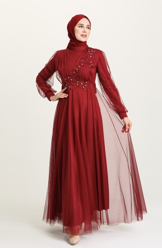 Claret Red Hijab Evening Dress 4210-02