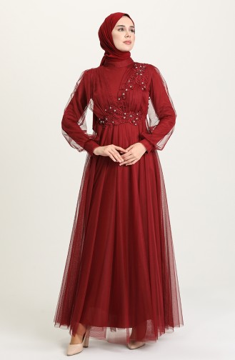 Claret Red Hijab Evening Dress 4210-02