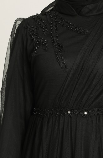 İnci Detaylı Tül Tesettür Abiye Elbise 4215-08 Siyah