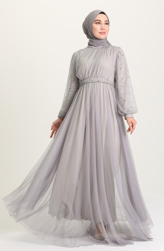 Gray Hijab Evening Dress 5514-12