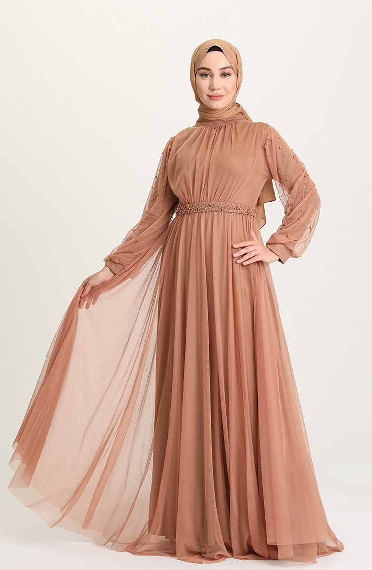 Caramel Hijab Evening Dress 5514-13 | Sefamerve Caramel Hijab Evening Dress 5514-13 | Sefamerve
