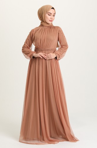 Caramel Hijab Evening Dress 5514-13