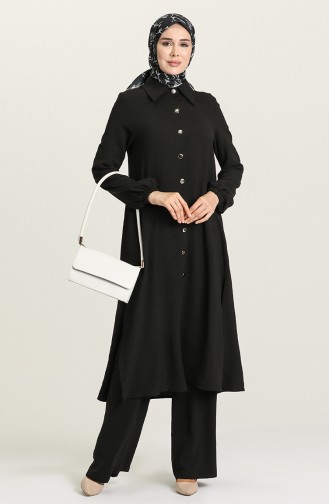 Düğmeli Tunik Pantolon İkili Takım 1004-03 Siyah