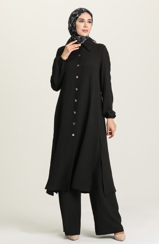 Düğmeli Tunik Pantolon İkili Takım 1004-03 Siyah